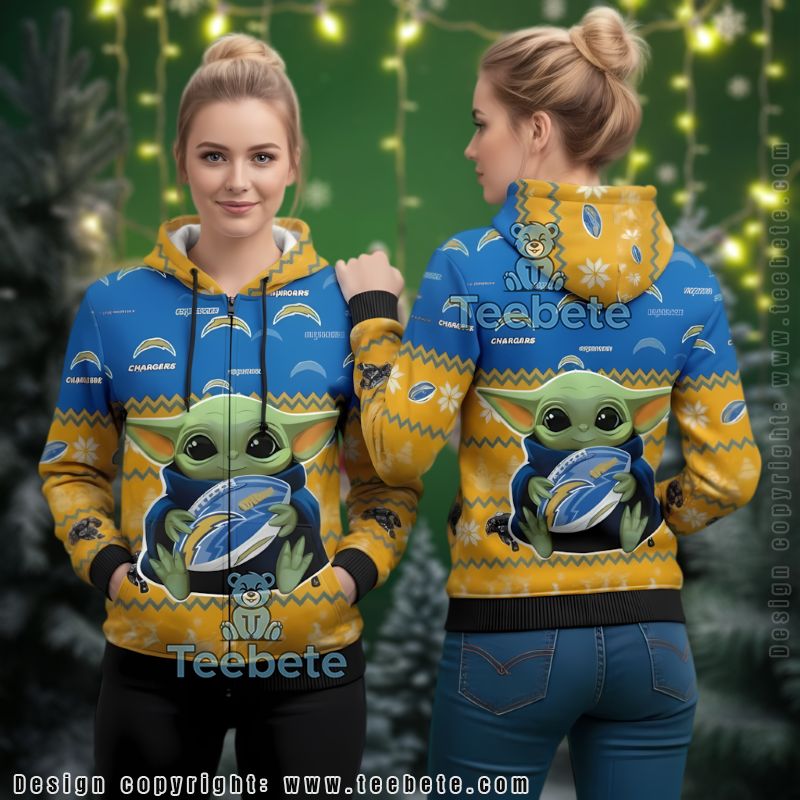 Los Angeles Chargers Grogu Ugly Christmas 3D Zip Up Hoodie