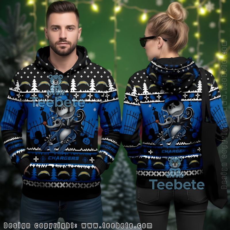 Los Angeles Chargers Jack Skellington Zero Ugly Christmas 3D Hoodie