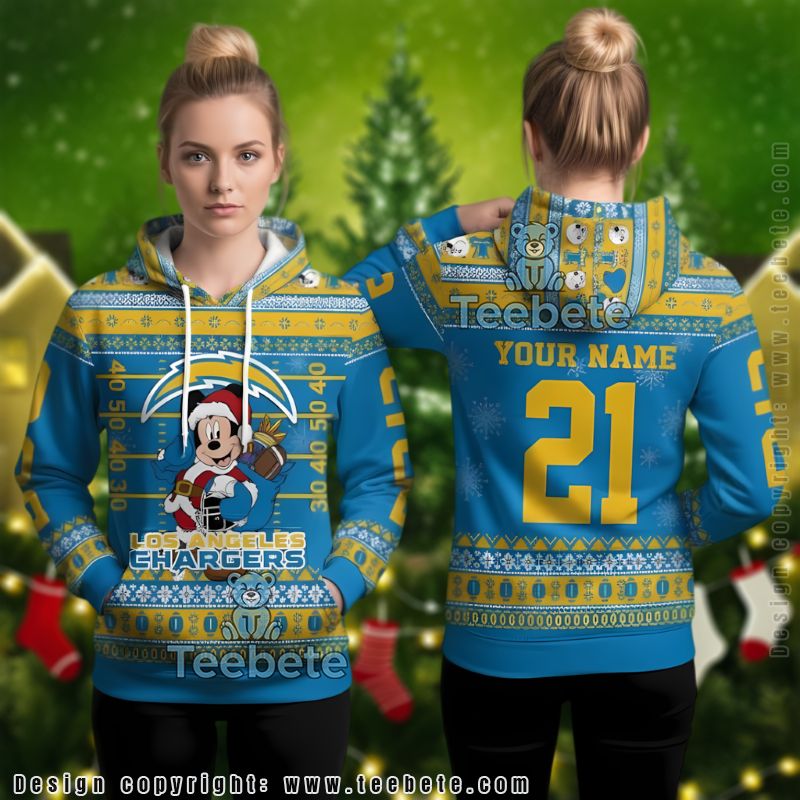 Los Angeles Chargers Personalized Mickey Mouse Ugly Christmas 3D Hoodie