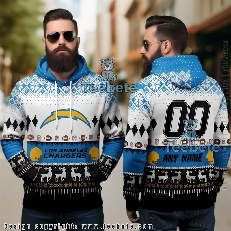Los Angeles Chargers Personalized Ugly Christmas 3D Hoodie White Blue