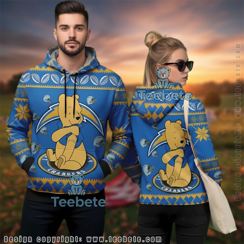 Los Angeles Chargers Winnie The Pooh Ugly Christmas 3D Hoodie