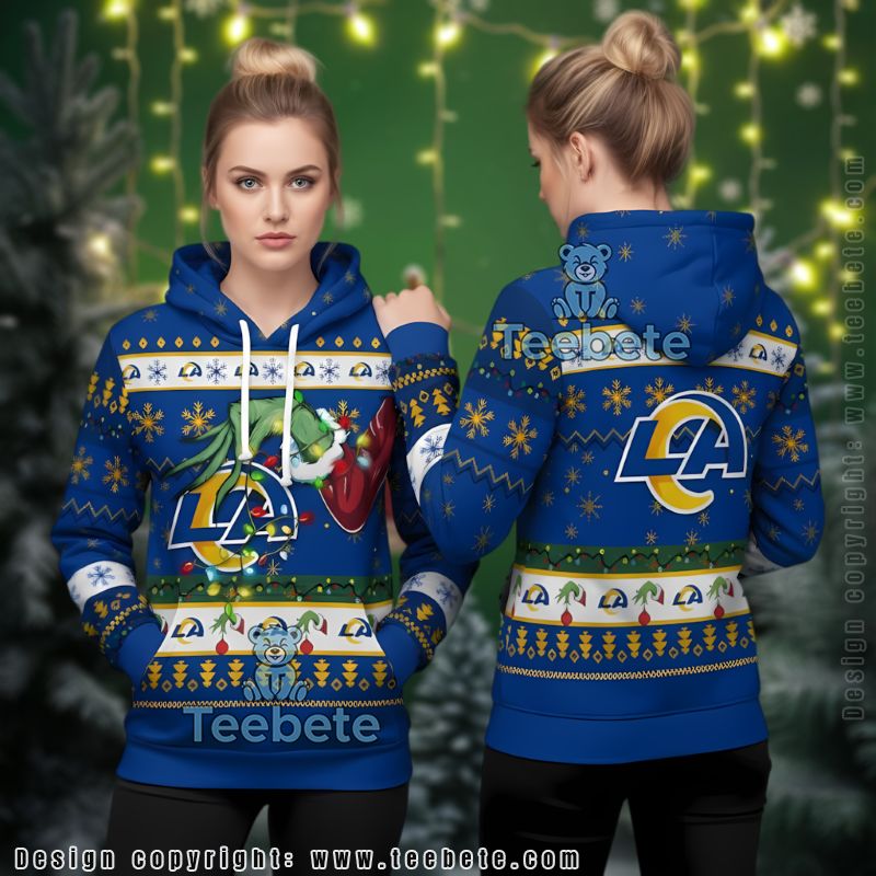 Los Angeles Rams Blue Grinch Stealing Christmas Lights Ugly 3D Hoodie