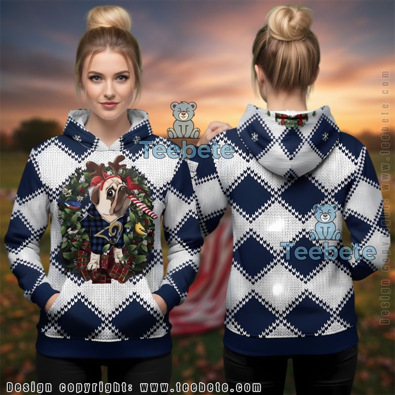 Los Angeles Rams Pug Reindeer Ugly Christmas 3D Hoodie