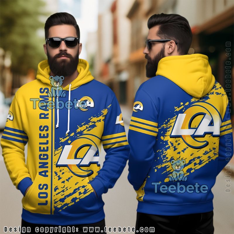 Los Angeles Rams Splatter Logo Ugly Christmas 3D Hoodie Blue Yellow