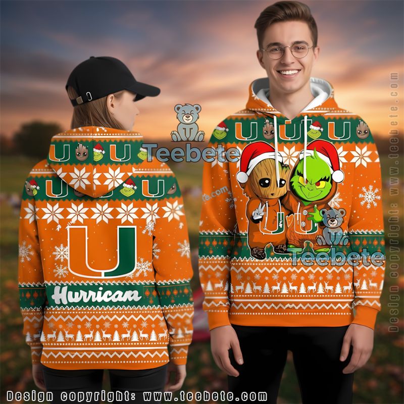 Miami Hurricanes Baby Groot The Grinch Ugly 3D Hoodie Unisex