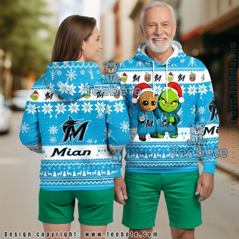 Miami Marlins Baby Groot The Grinch Ugly Christmas 3D Hoodie