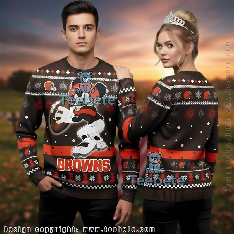 Mickey Mouse Cleveland Browns Ugly Christmas Sweater Friends Orange Brown
