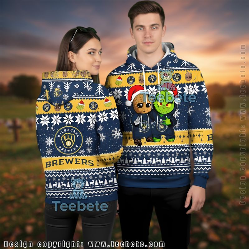 Milwaukee Brewers Baby Groot The Grinch Ugly 3D Hoodie Pullover