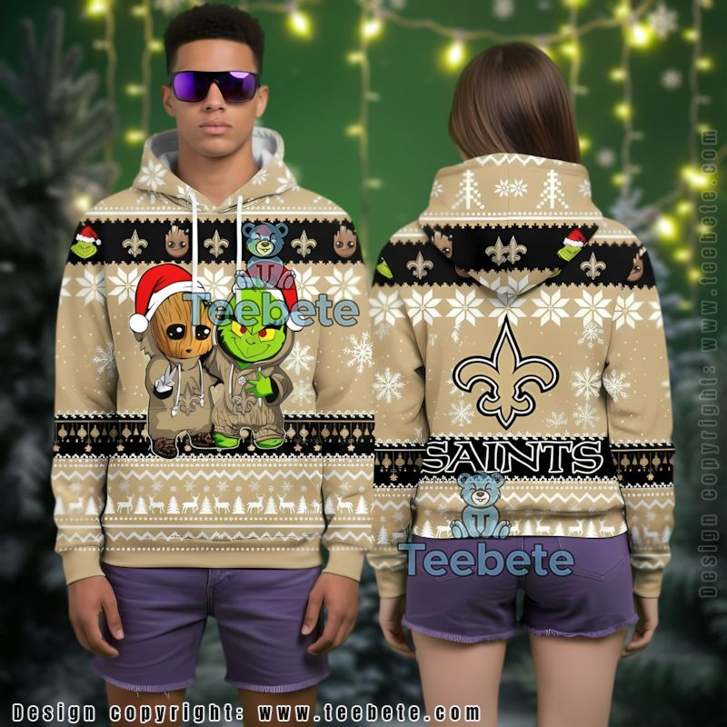 New Orleans Saints Baby Groot The Grinch Ugly 3D Hoodie