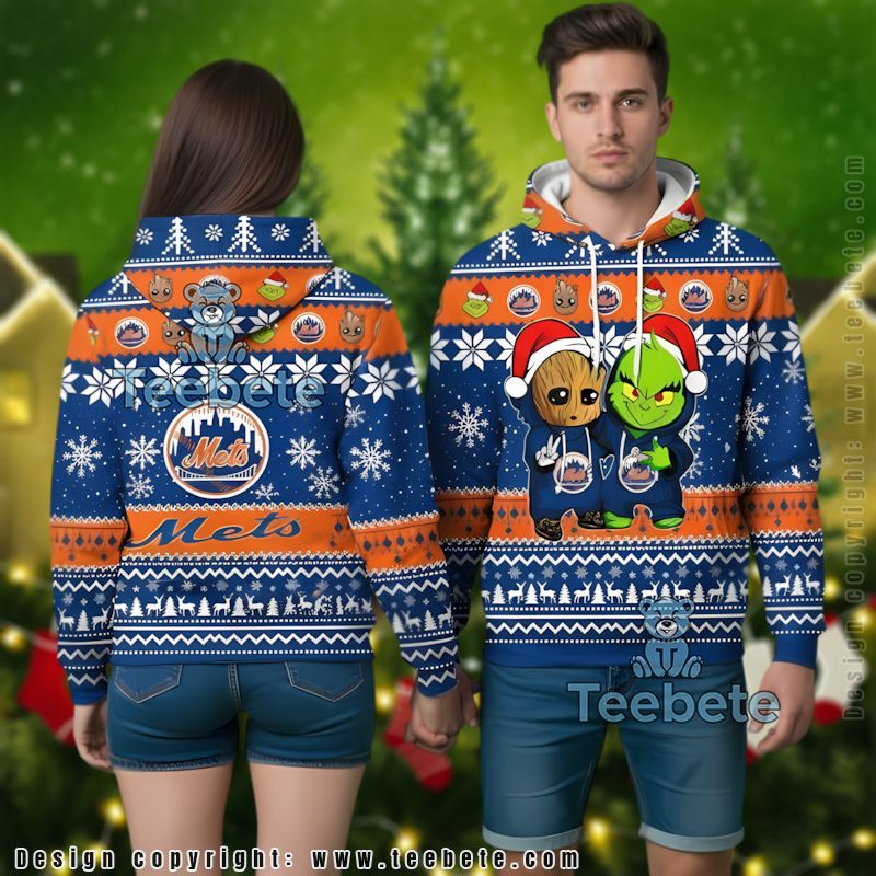 New York Mets Baby Groot The Grinch Ugly 3D Hoodie Puff Print