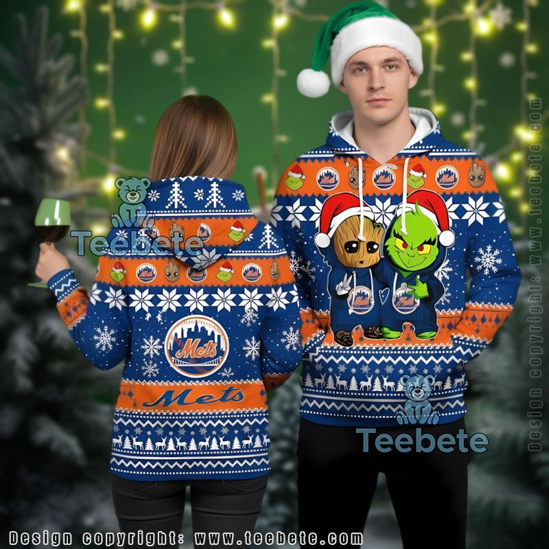 New York Mets Baby Groot The Grinch Ugly 3D Hoodie Pullover