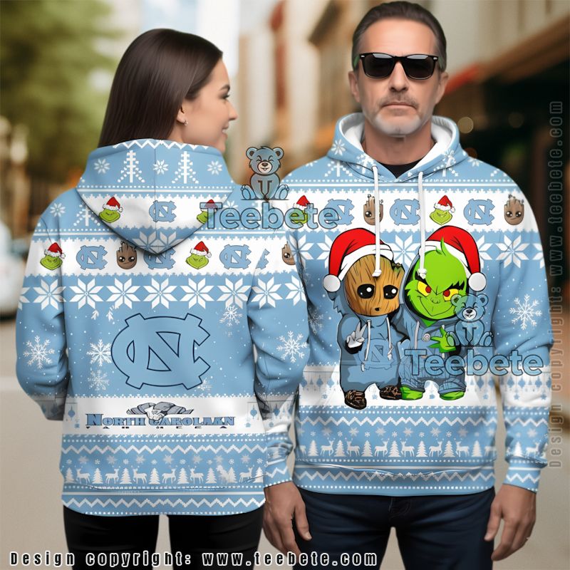 North Carolina Tar Heels Baby Groot The Grinch Ugly 3D Hoodie Design