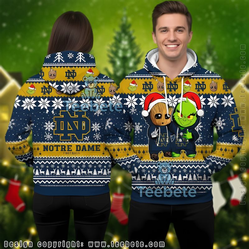 Notre Dame Fighting Irish Baby Groot The Grinch Ugly 3D Hoodie Dad Mom