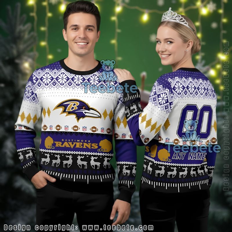 Personalized Baltimore Ravens Reindeer Ugly Sweater Big And Tall Purple