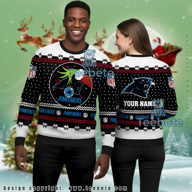 Personalized Carolina Panthers Grinch Hold Womens Ugly Xmas Sweater Black