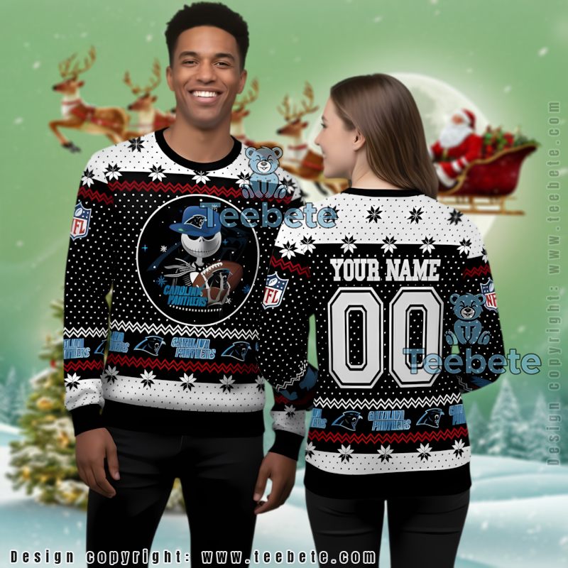 Personalized Carolina Panthers Jack Skellington Funny Ugly Christmas Sweater Black