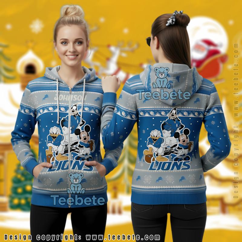 Personalized Detroit Lions Disney Characters 3D Ugly Christmas Zipper Hoodie
