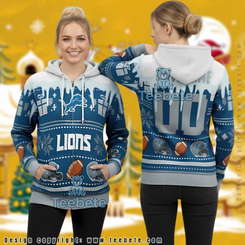 Personalized Detroit Lions Snow Drip Fan 3D Ugly Christmas Hoodie