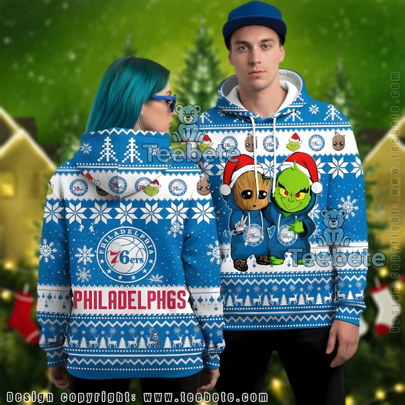 Philadelphia 76Ers Baby Groot The Grinch Ugly 3D Hoodie Zipper