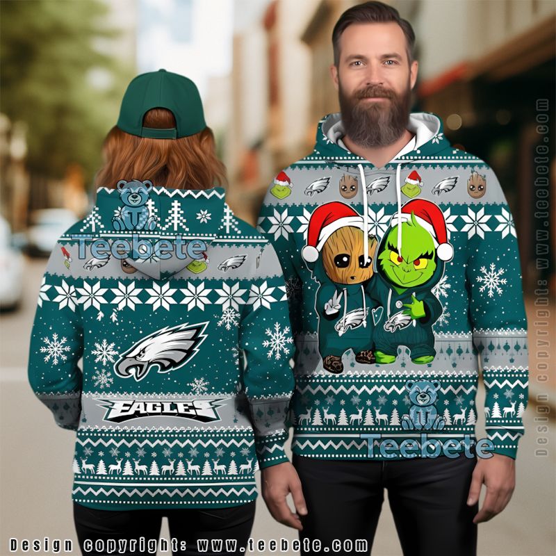 Philadelphia Eagles Baby Groot The Grinch Ugly Christmas 3D Hoodie