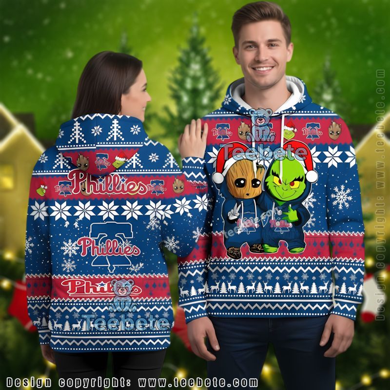 Philadelphia Phillies Baby Groot The Grinch Ugly 3D Hoodie Puff Print