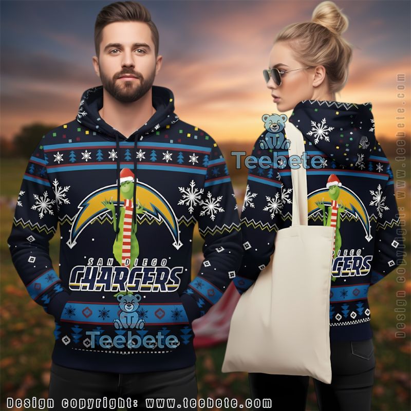San Diego Chargers Grinch Santa Hat Ugly Christmas 3D Hoodie