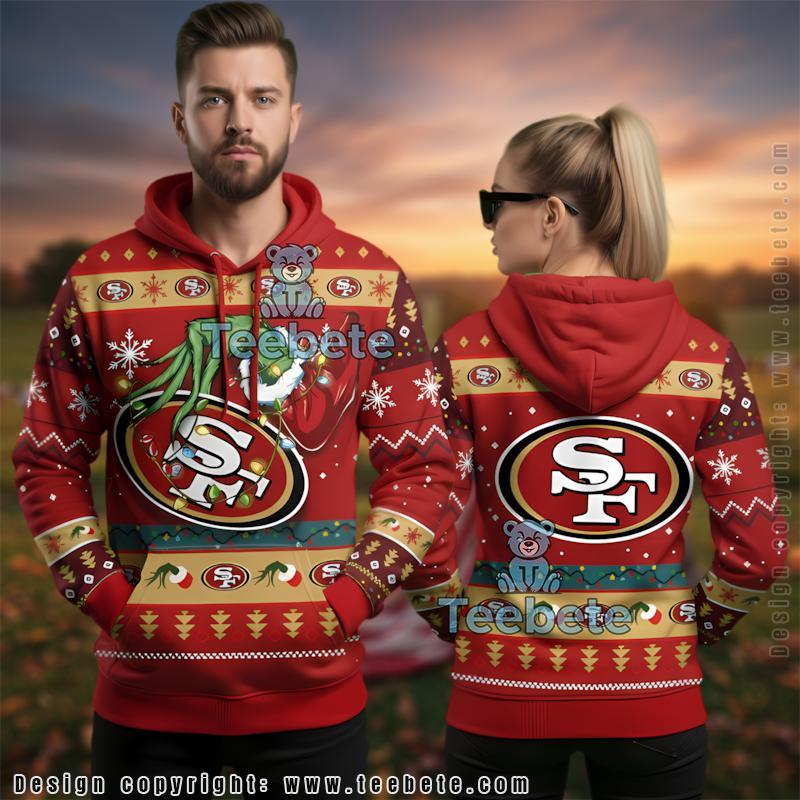 San Francisco 49Ers Grinch Hand Stealing Light Ugly Christmas 3D Hoodie