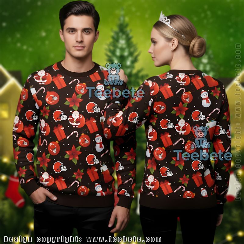 Santa Cleveland Browns Christmas Wreath Ugly Sweater Party Orange Black