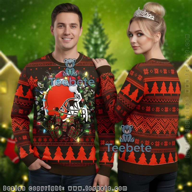 Santa Cleveland Browns Christmas Wreath Ugly Sweater Party Orange Black