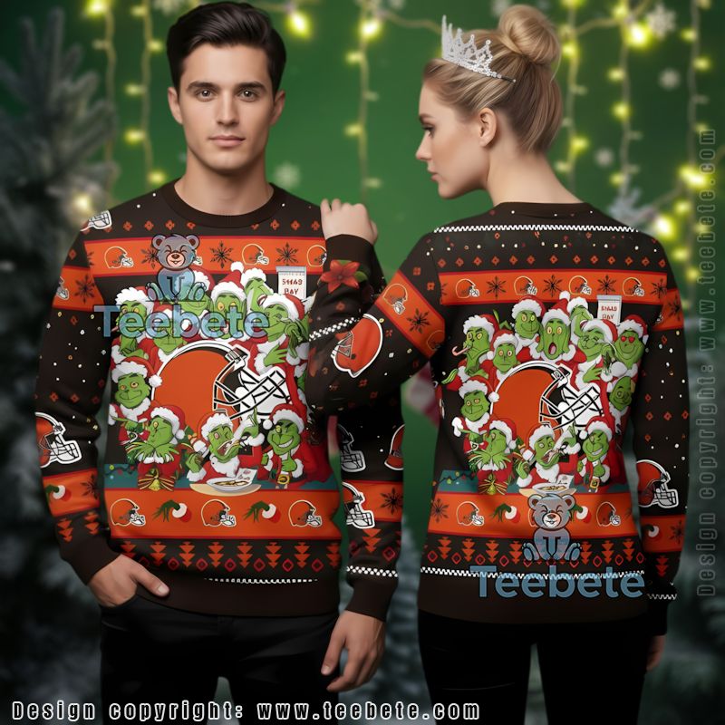 Santa Grinch Cleveland Browns Ugly Christmas Sweater Adults Orange Black