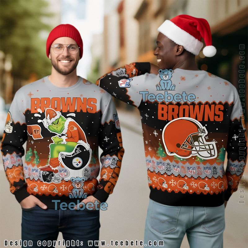 Santa The Grinch Cleveland Browns Ugly Christmas Sweater Friends Black Orange