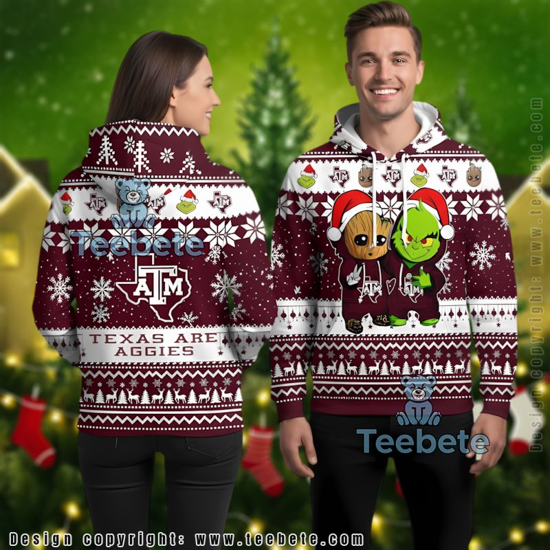 Texas Am Aggies Baby Groot The Grinch Ugly 3D Hoodie Printed