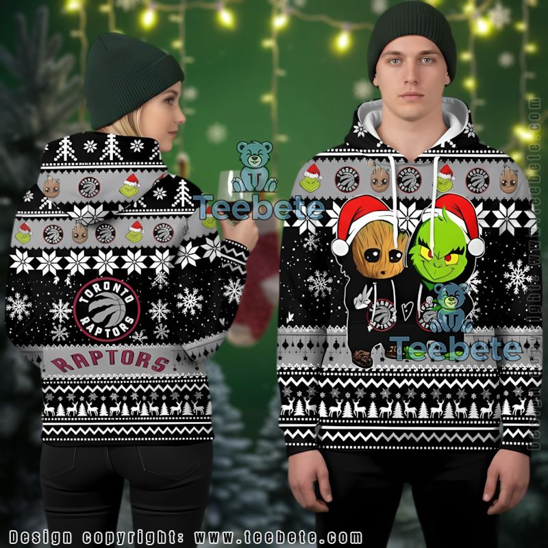 Toronto Raptors Baby Groot The Grinch Ugly Christmas 3D Hoodie