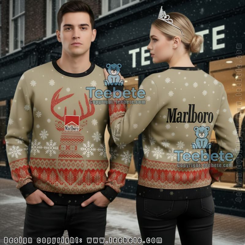 Beige Red Marlboro Ugly Christmas Sweater Festive Snowflakes