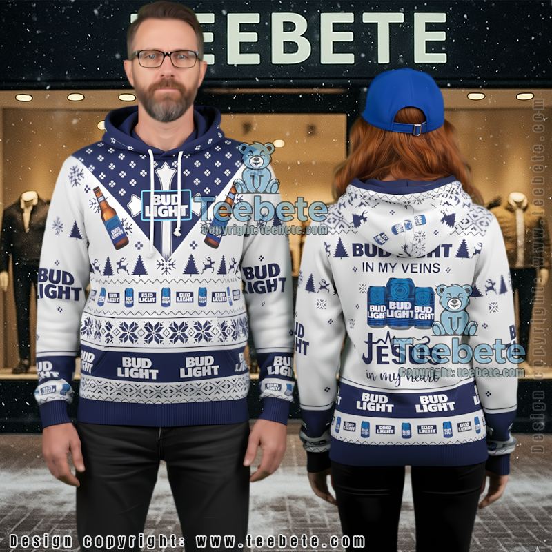 Bud Light Ugly Christmas 3D Hoodie In My Veins Jesus In My Heart