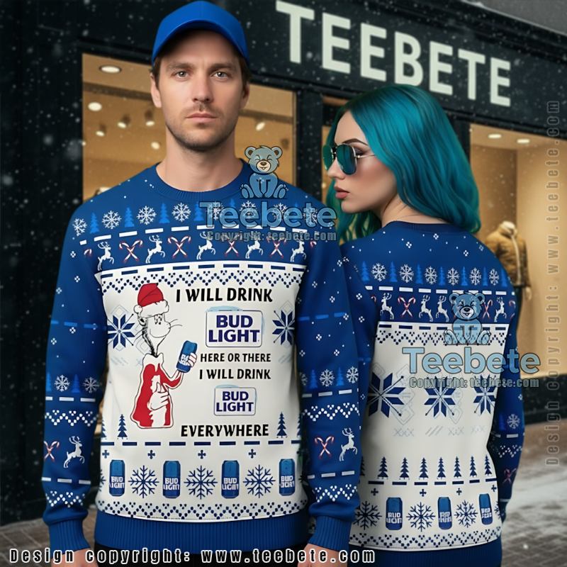 Bud Light Ugly Christmas Sweater Cat Hat Funny Holiday Party