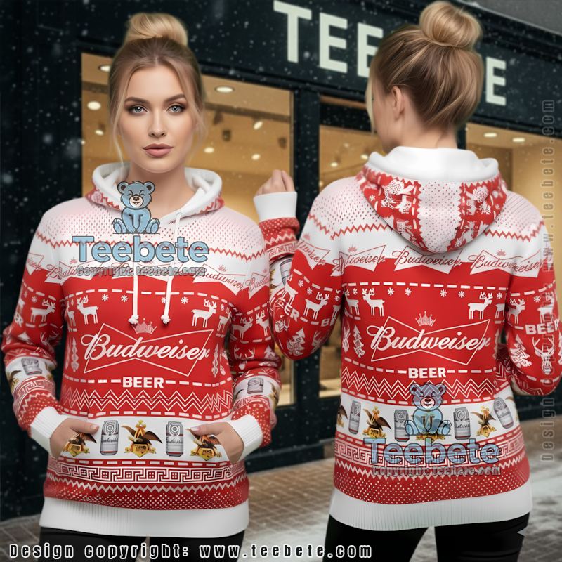Budweiser Beer Christmas Themed Ugly 3D Hoodie Holiday Beer Fan Gift