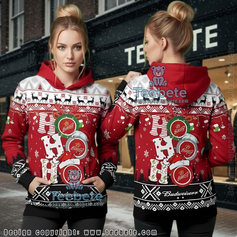 Budweiser Beer Ugly Christmas 3D Ho Ho Ho Hoodie Holiday Fan Gift