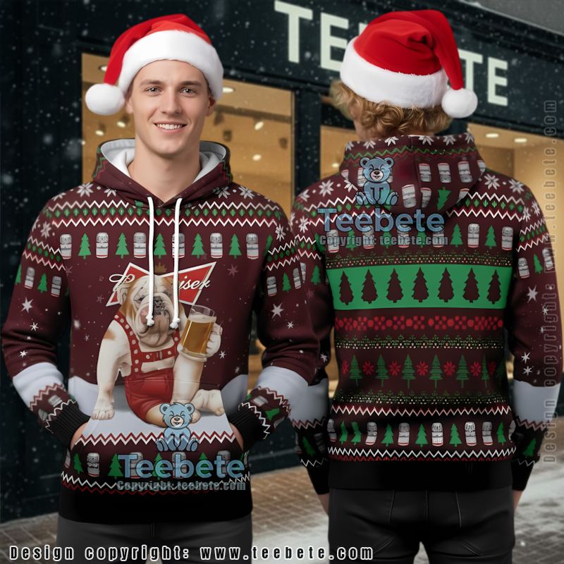 Budweiser Bulldog Drink Beer Ugly Christmas 3D Hoodie Maroon