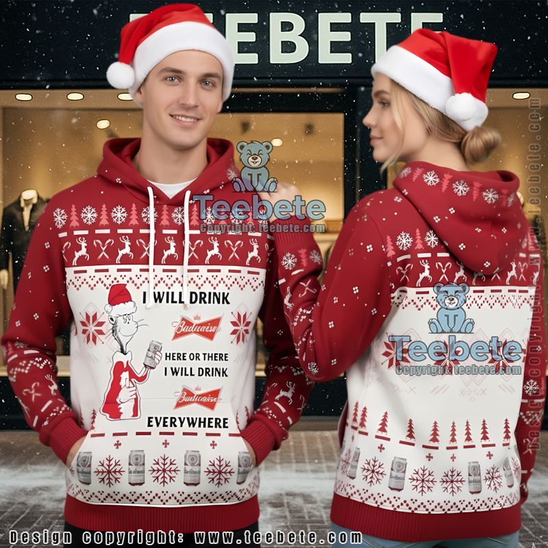 Budweiser Dr Seuss Parody Ugly Christmas 3D Hoodie Here Or There