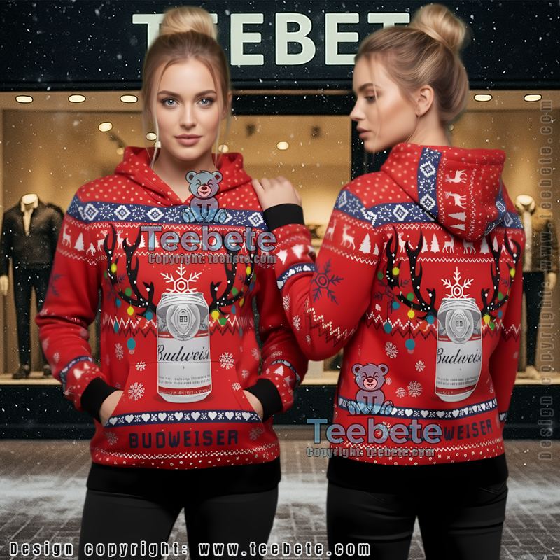 Budweiser Reindeer Snowy Night Ugly Christmas 3D Hoodie Budweiser Reindeer Snowy Night Ugly Christmas 3D Hoodie