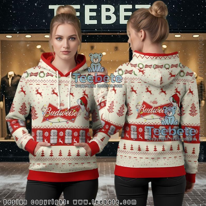 Budweiser Reindeer Snowy Night Ugly Christmas 3D Hoodie