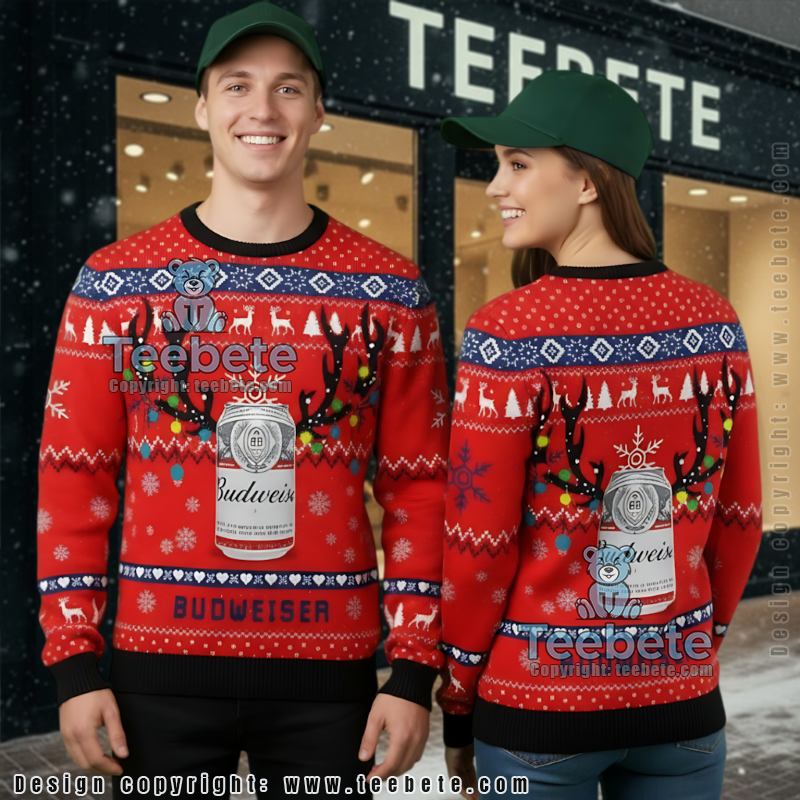 Budweiser Ugly Christmas Sweater Reindeer Antlers Beer Can Gift