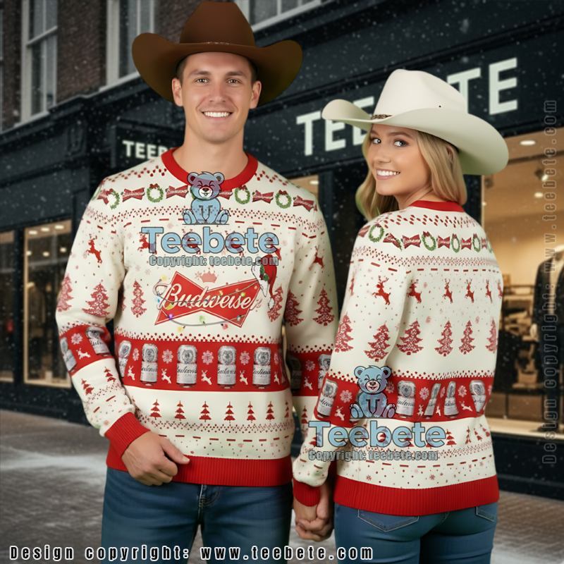 Budweiser Ugly Christmas Sweater Reindeer Snowy Night Holiday