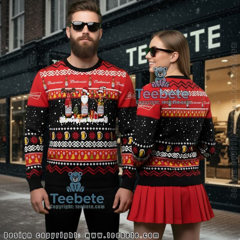 Budweiser Ugly Christmas Sweater Santa Beer Bottle Xmas Party Top