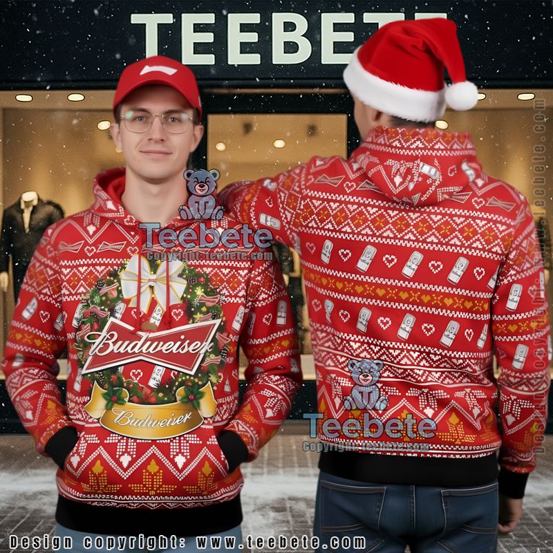 Budweiser Wreath Pattern Unisex Ugly Christmas 3D Hoodie