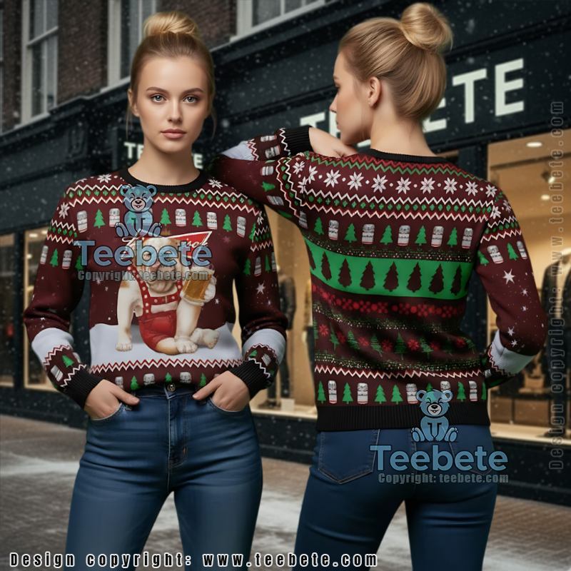 Bulldog Budweiser Beer Ugly Christmas Sweater Womens Mens