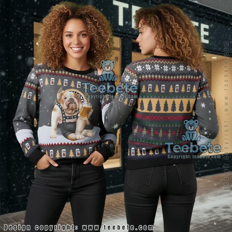 Bulldog Lite Beer Ugly Christmas Sweater Funny Dog Holiday