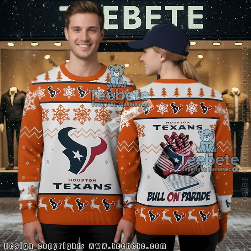 Bulls On Parade Houston Texans Ugly Christmas Cardigan White Orange
