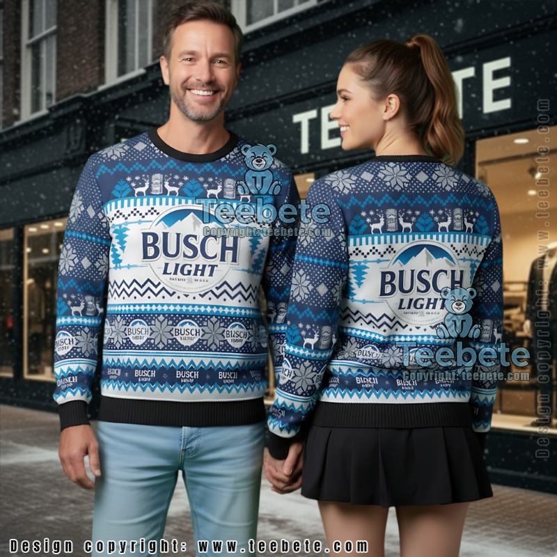 Busch Light Ugly Christmas Sweater Blue White Holiday Jumper